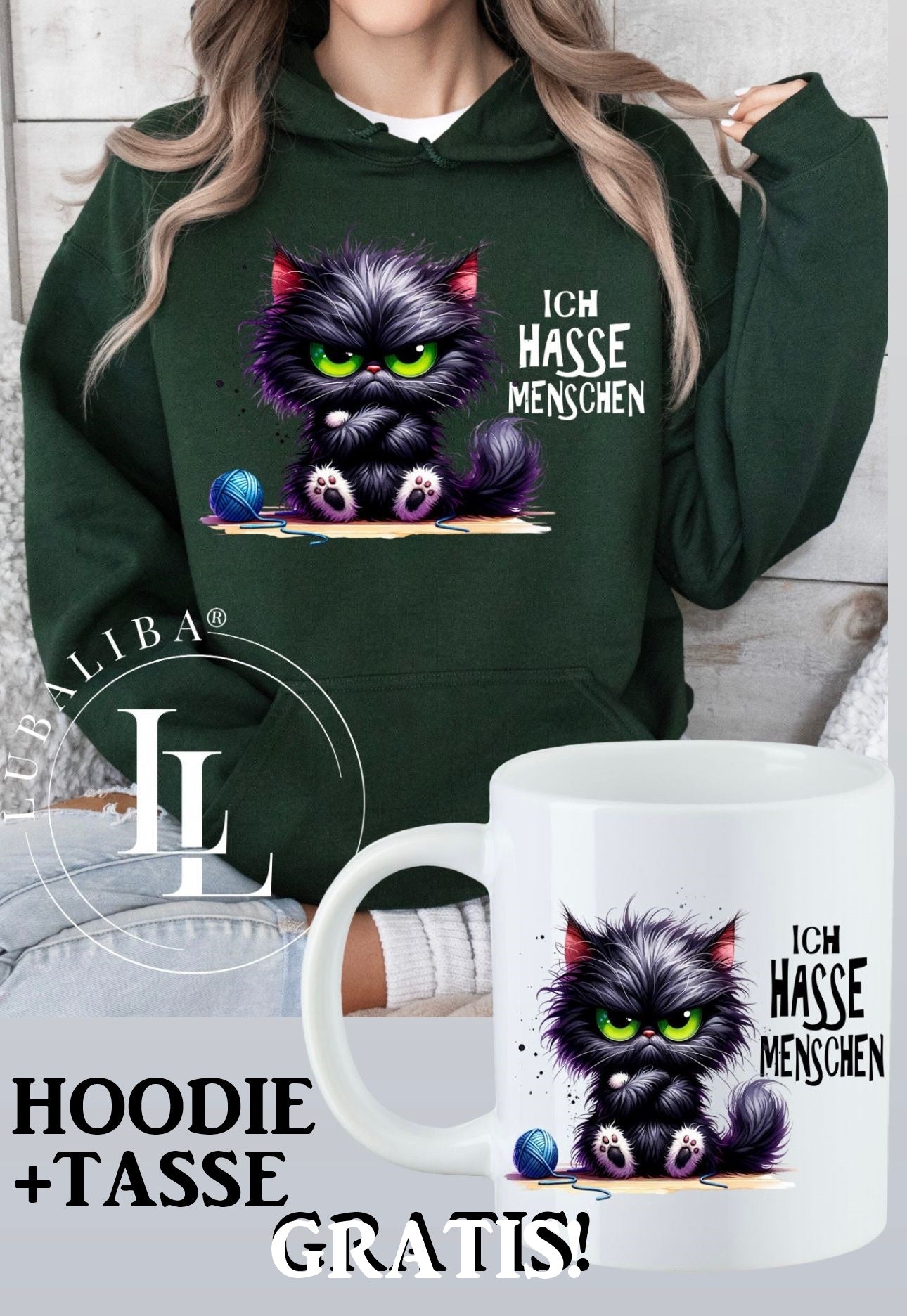 Hoodie Khaki + TASSE " Ich Hasse Menschen Wollbert der Kater " ArtNr.: TAN